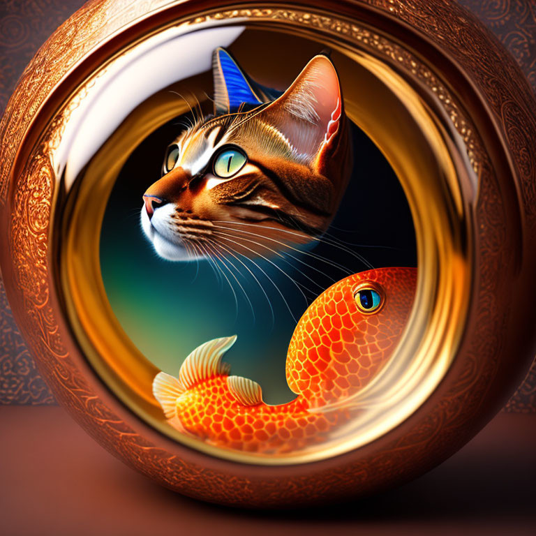 Cat in Blue Striped Hat Observing Goldfish in Circular Portal