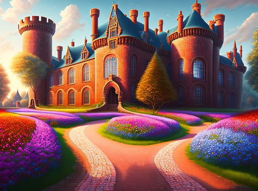 Enchanting Castle with Cylindrical Towers and Colorful Flowerbeds