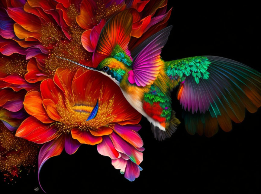 Colorful Hummingbird with Iridescent Feathers near Red Flowers