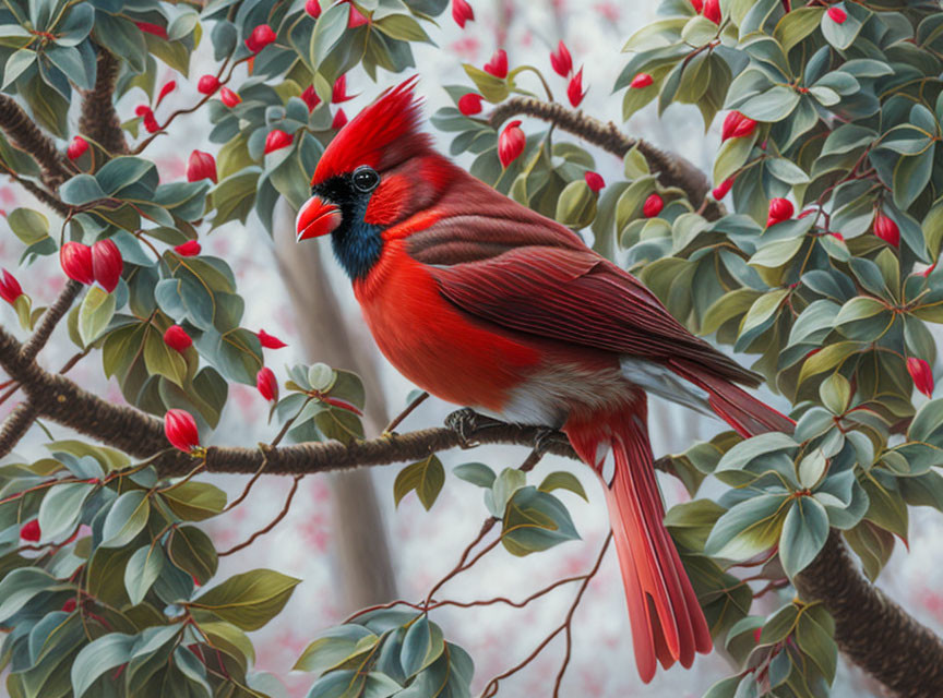 Red cardinal bird perched on branch with green leaves and red berries