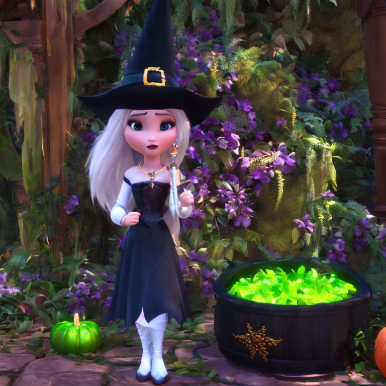 Young white-haired witch with cauldron in enchanted forest with wand, pumpkins & purple flowers