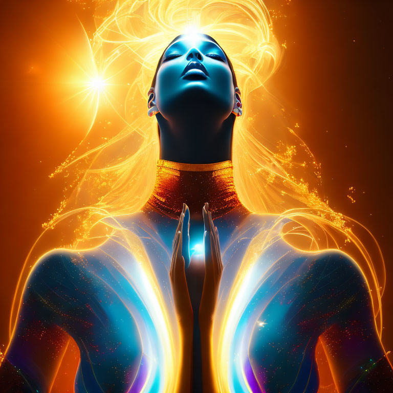 Glowing blue figure with cosmic patterns on orange backdrop