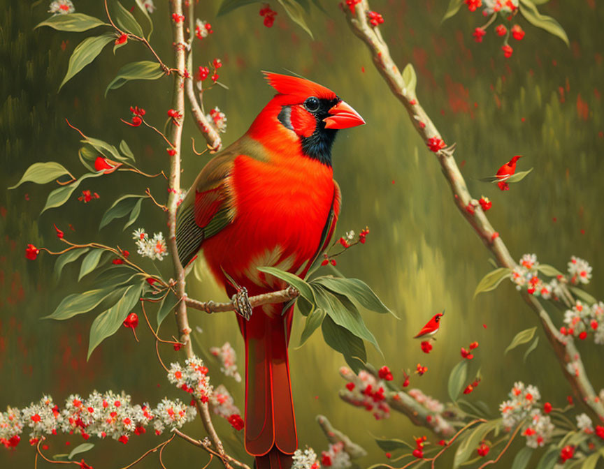 Red cardinal bird perched on branch with green leaves and berries