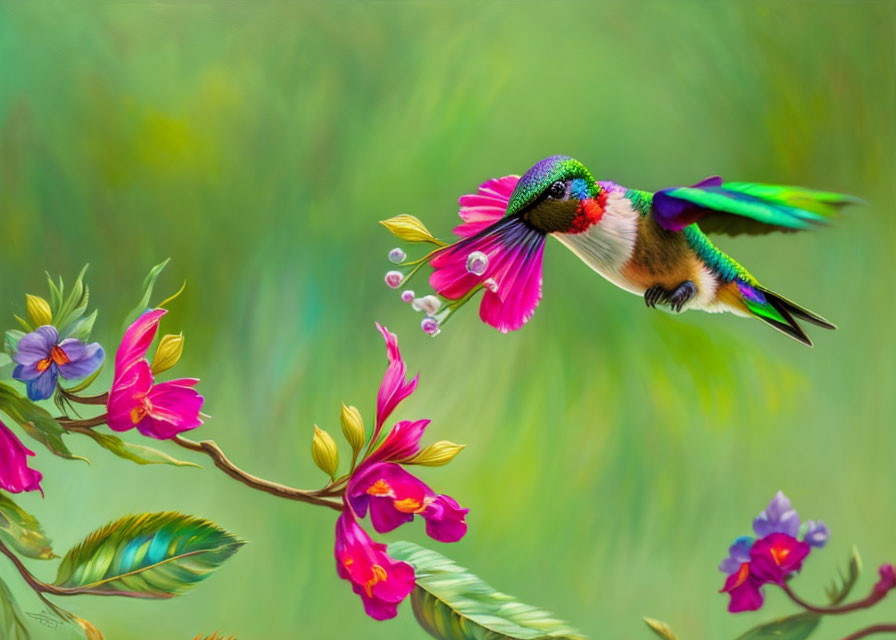 Vibrant hummingbird feeding on pink flowers in soft green background