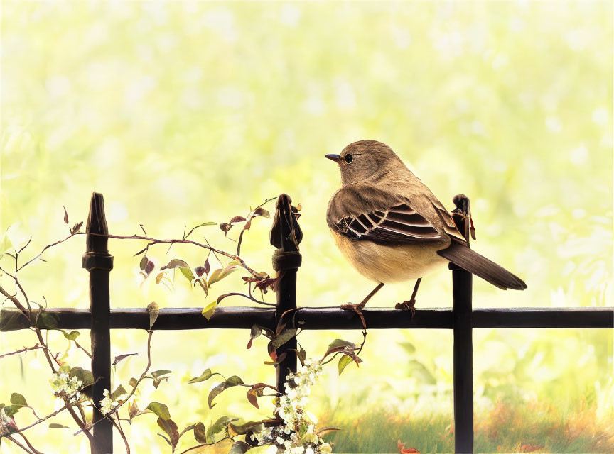 Small bird perched on black wrought-iron fence with vines and flowers against green background