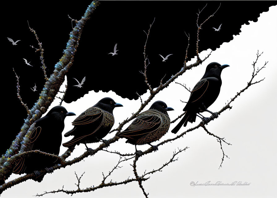 Birds Perched on Branch with Patterns Against Grey Sky