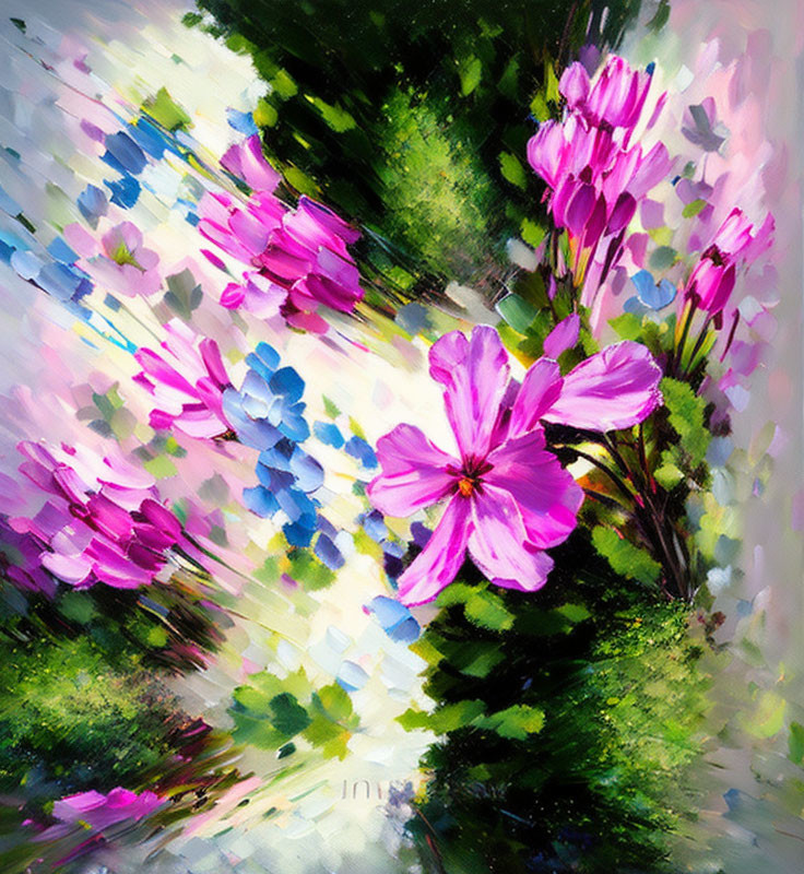 Impressionistic painting of vibrant pink flowers in sunlit garden