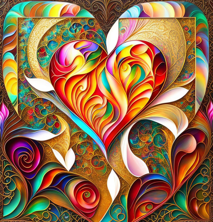 Colorful Heart-Shaped Illustration with Intricate Patterns and Gold Accents