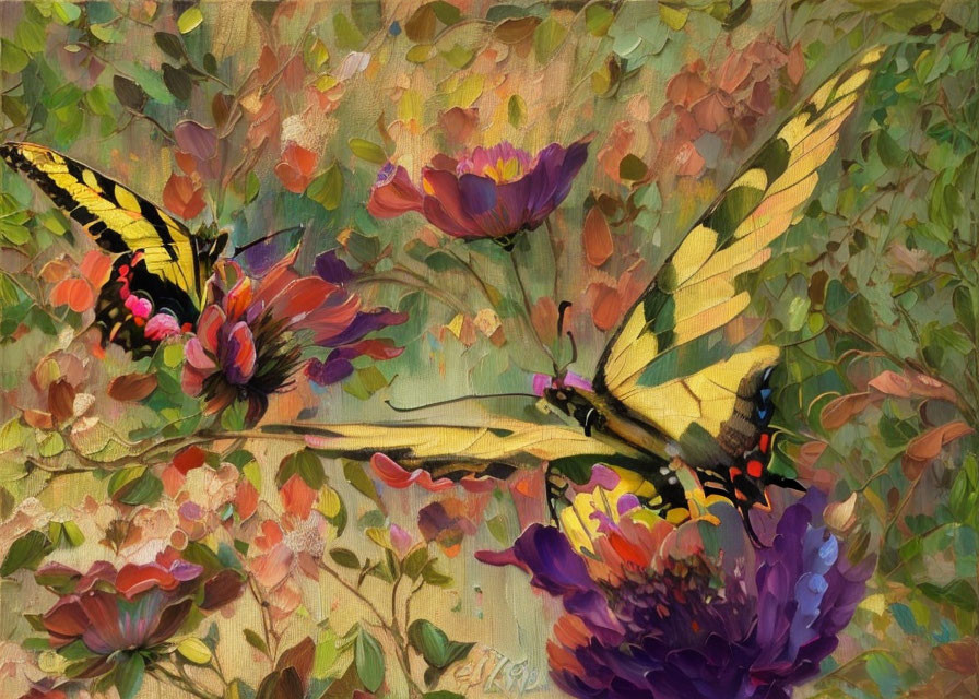 Colorful butterflies on vibrant flowers in lush, impressionistic painting