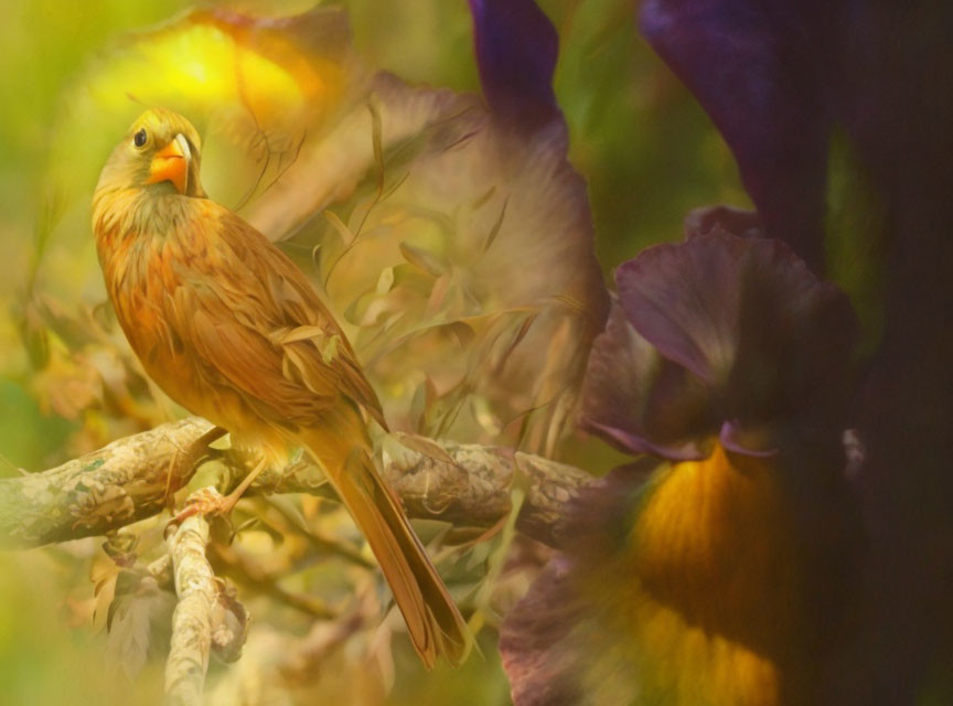 Golden-yellow bird on branch with soft-focus flowers in warm setting