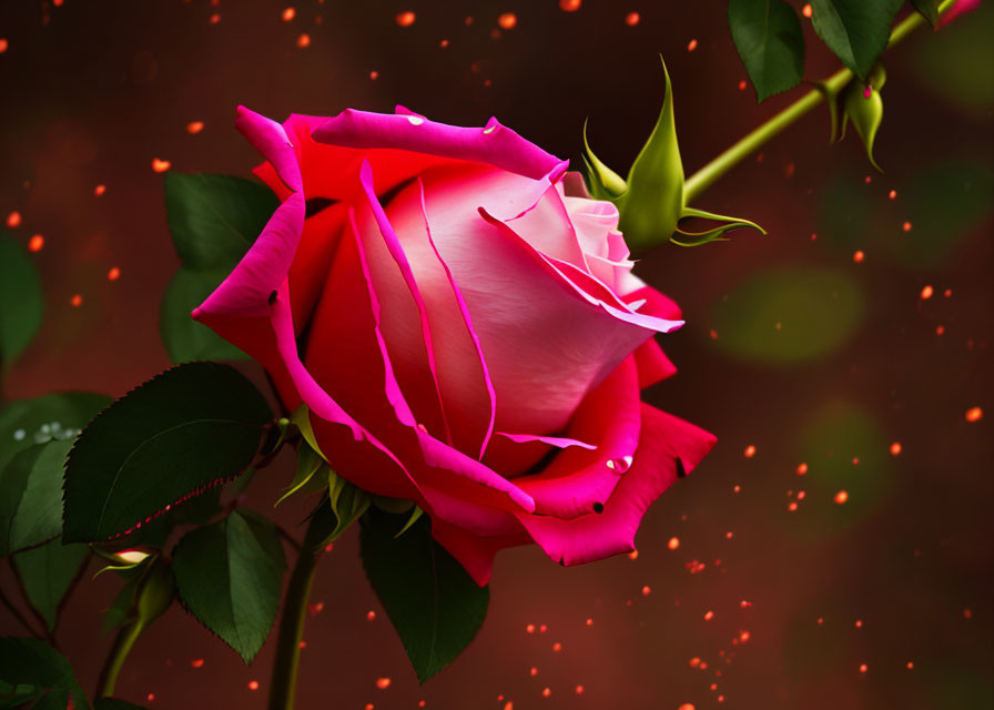Pink Rose with Delicate Petals on Red and Orange Bokeh Background
