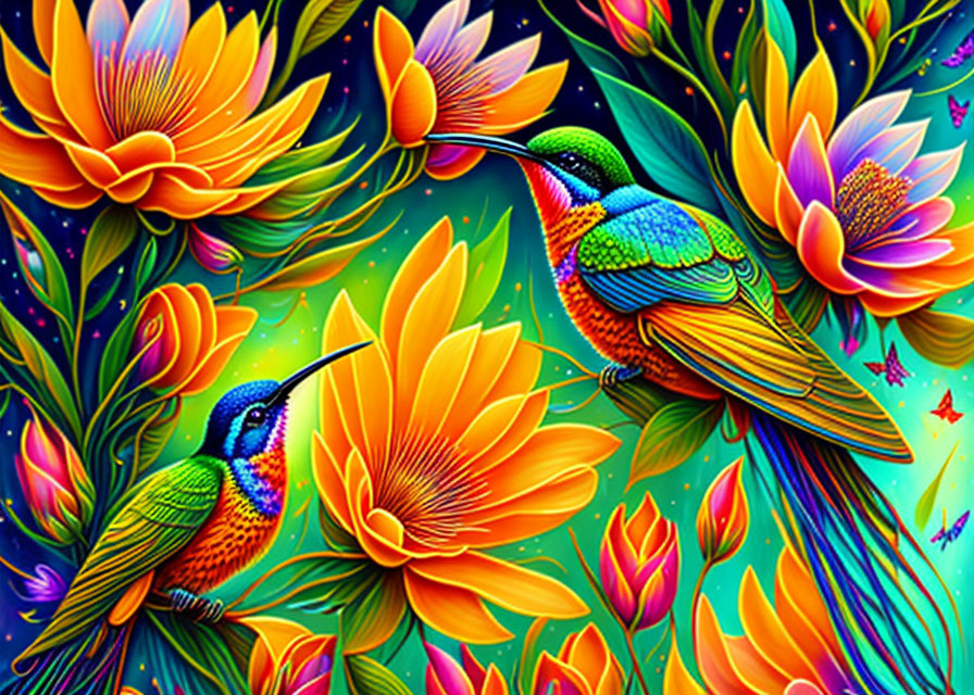 Colorful hummingbirds in fantastical floral scene