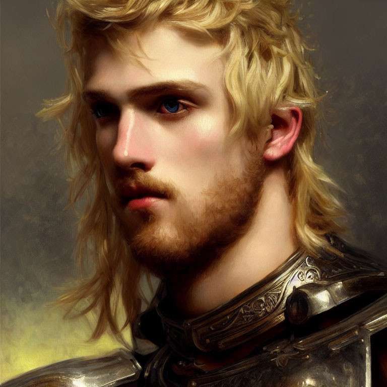 Young man with blond hair and beard in metallic armor portrait.