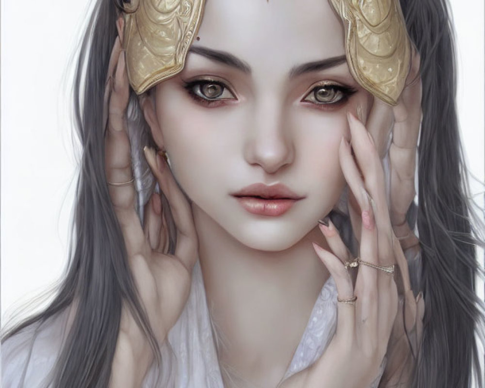 Illustration of woman with pale skin, dark hair, golden horned crown, and striking eyes