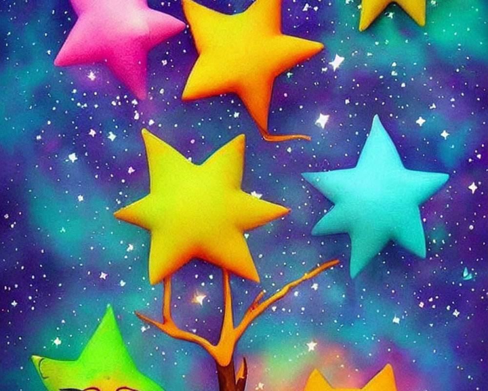 Colorful Star-Shaped Figures on Cosmic Background with Tree