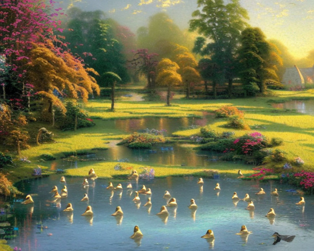 Tranquil pond with ducks in lush greenery and colorful flowers