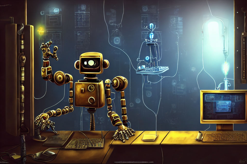 Whimsical illustration of two robots in a gadget-filled room