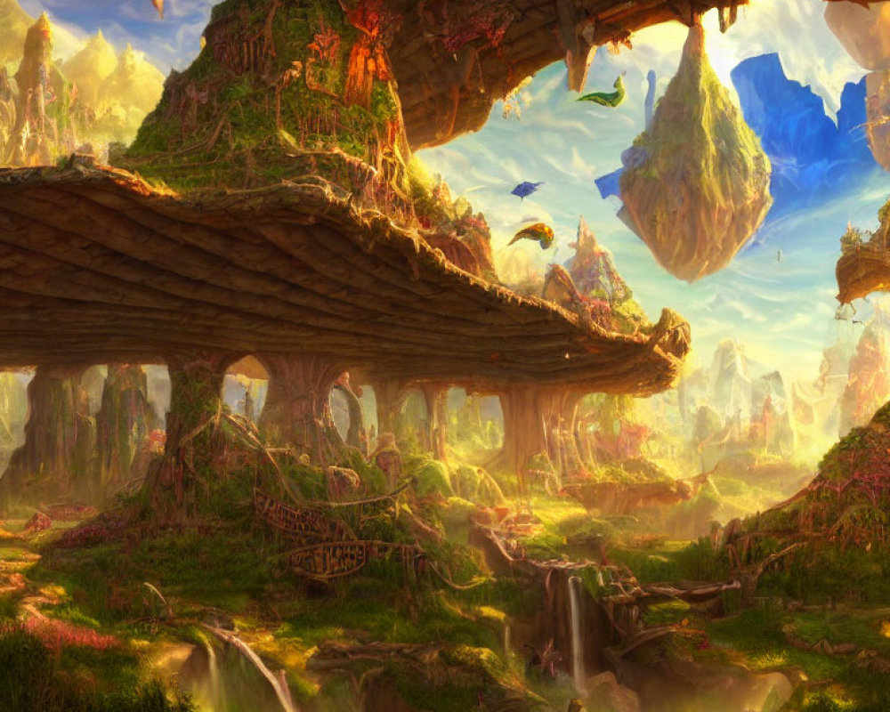 Fantasy landscape with floating islands, waterfalls, and lush vegetation