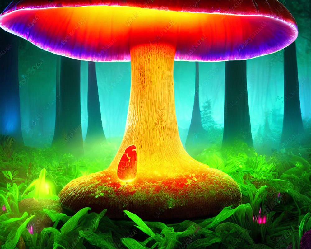 Colorful oversized glowing mushroom in fantastical forest with magical creature