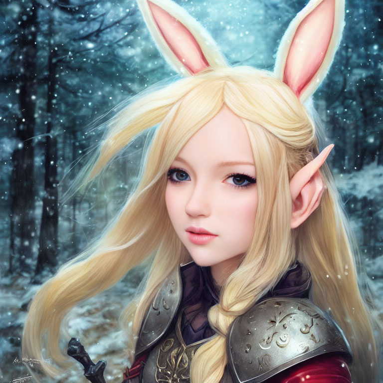 Fantasy female character with blonde hair and elf ears in snowy forest.