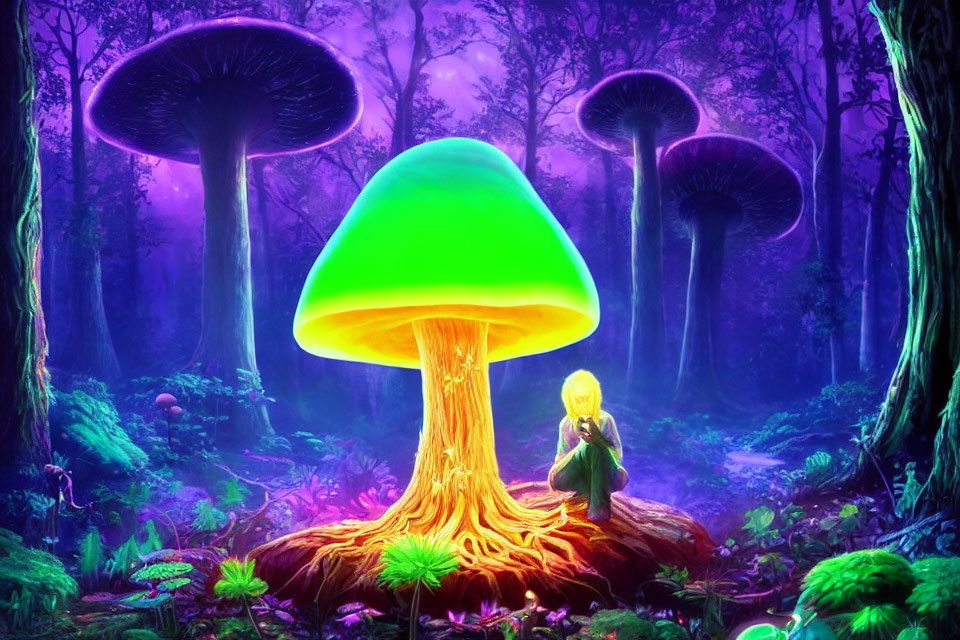 Enchanted forest with oversized glowing mushrooms and small figure