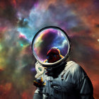 Astronaut in reflective visor with cosmic scene