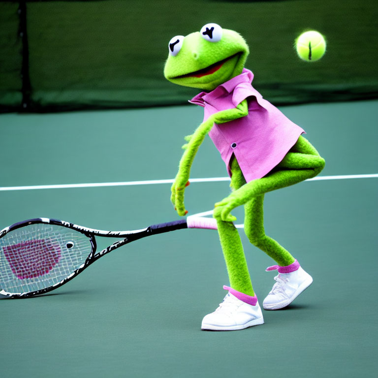 Green Kermit plush toy in pink shirt and white shorts playing tennis.