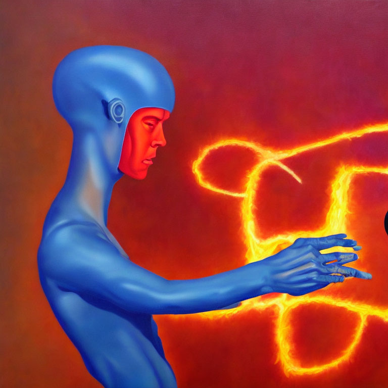 Abstract painting of blue humanoid figure reaching towards fiery orange symbol