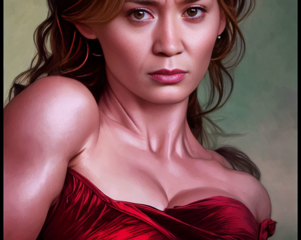 Portrait of woman in red strapless dress with serious expression