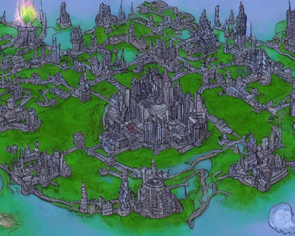 Detailed Fantasy Map Illustration: Ornate City with Spires, Green Land, and Water Bodies