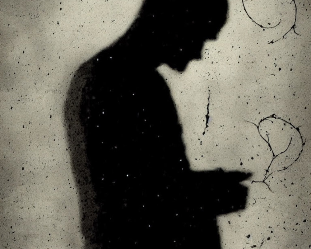 Silhouette of person against textured background with faint scribbles