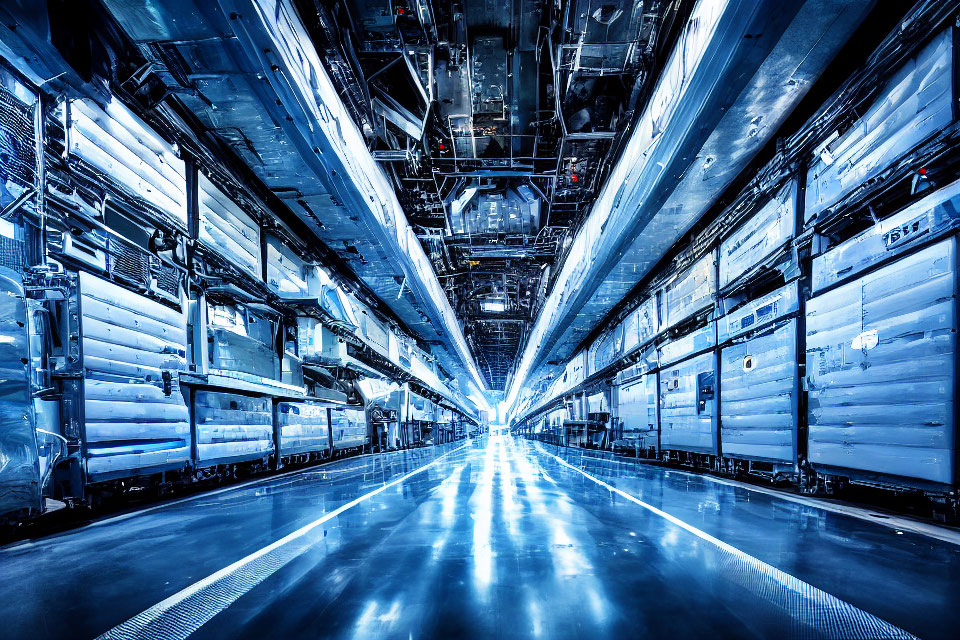 Symmetrical Futuristic Industrial Corridor with High-Tech Lighting