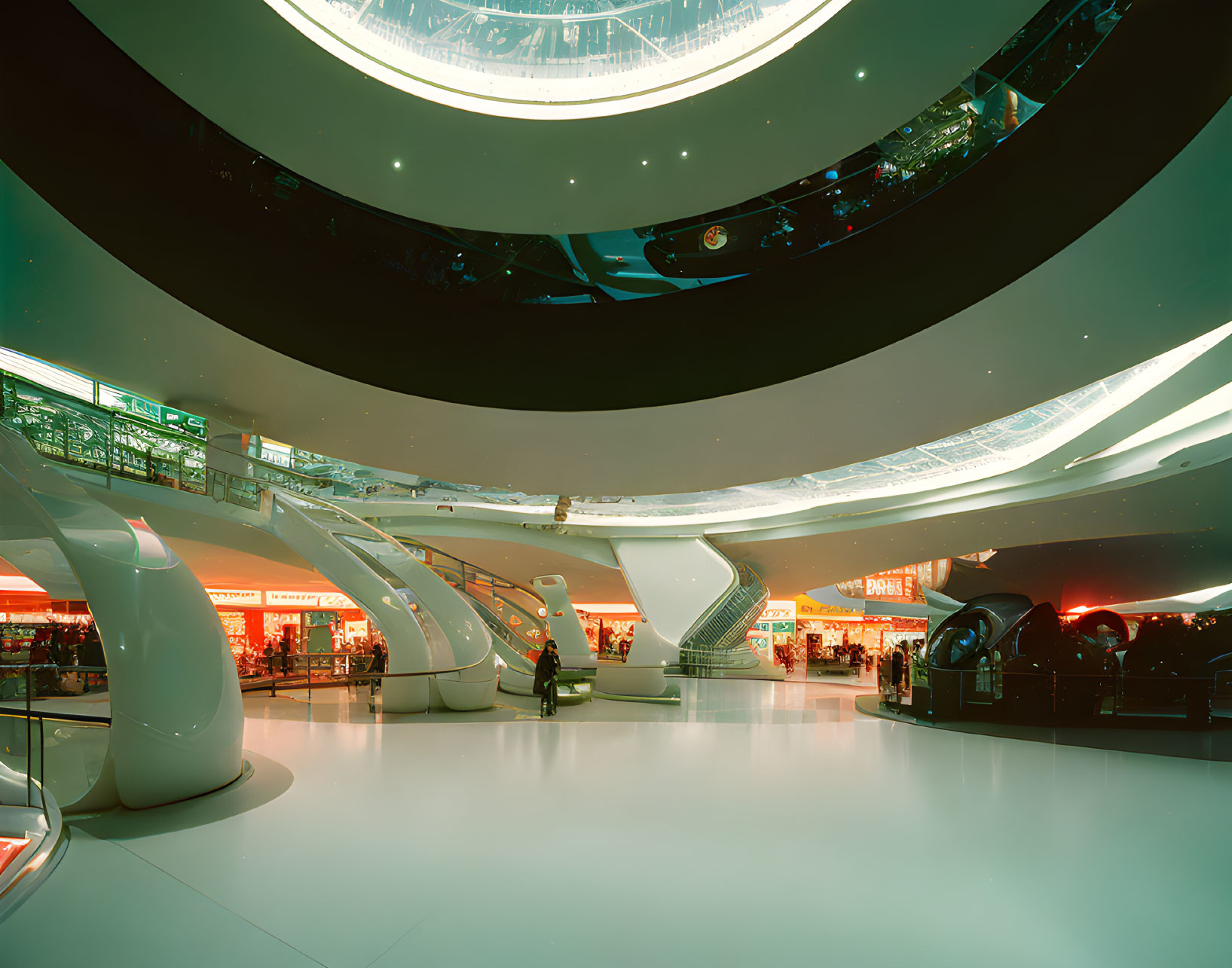 Circular Levels & Bright Lights in Futuristic Mall Interior