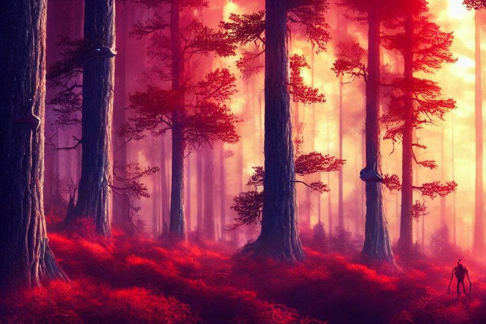 Vibrant red mystical forest with towering trees and foggy atmosphere.