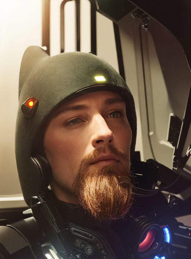 Futuristic man in glowing suit and beanie gazes sideways