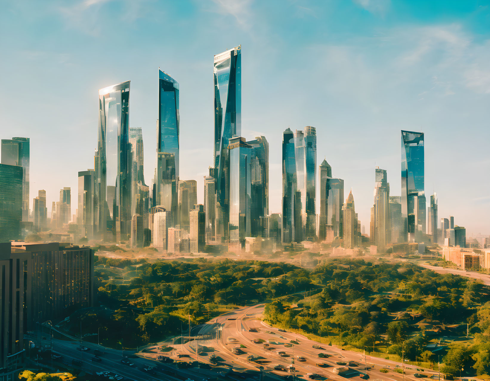 Urban skyline with skyscrapers, greenery, and misty ambiance