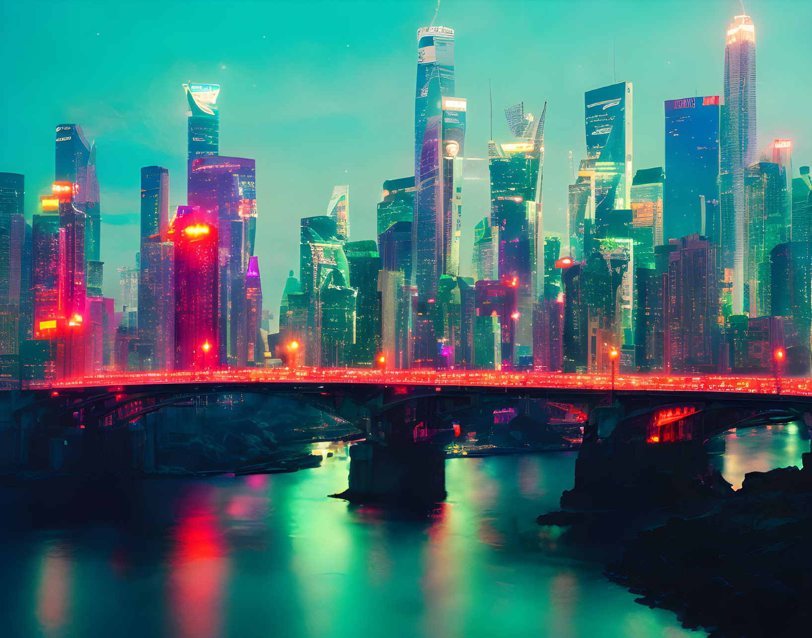 Futuristic cityscape at dusk with neon lights and skyscrapers