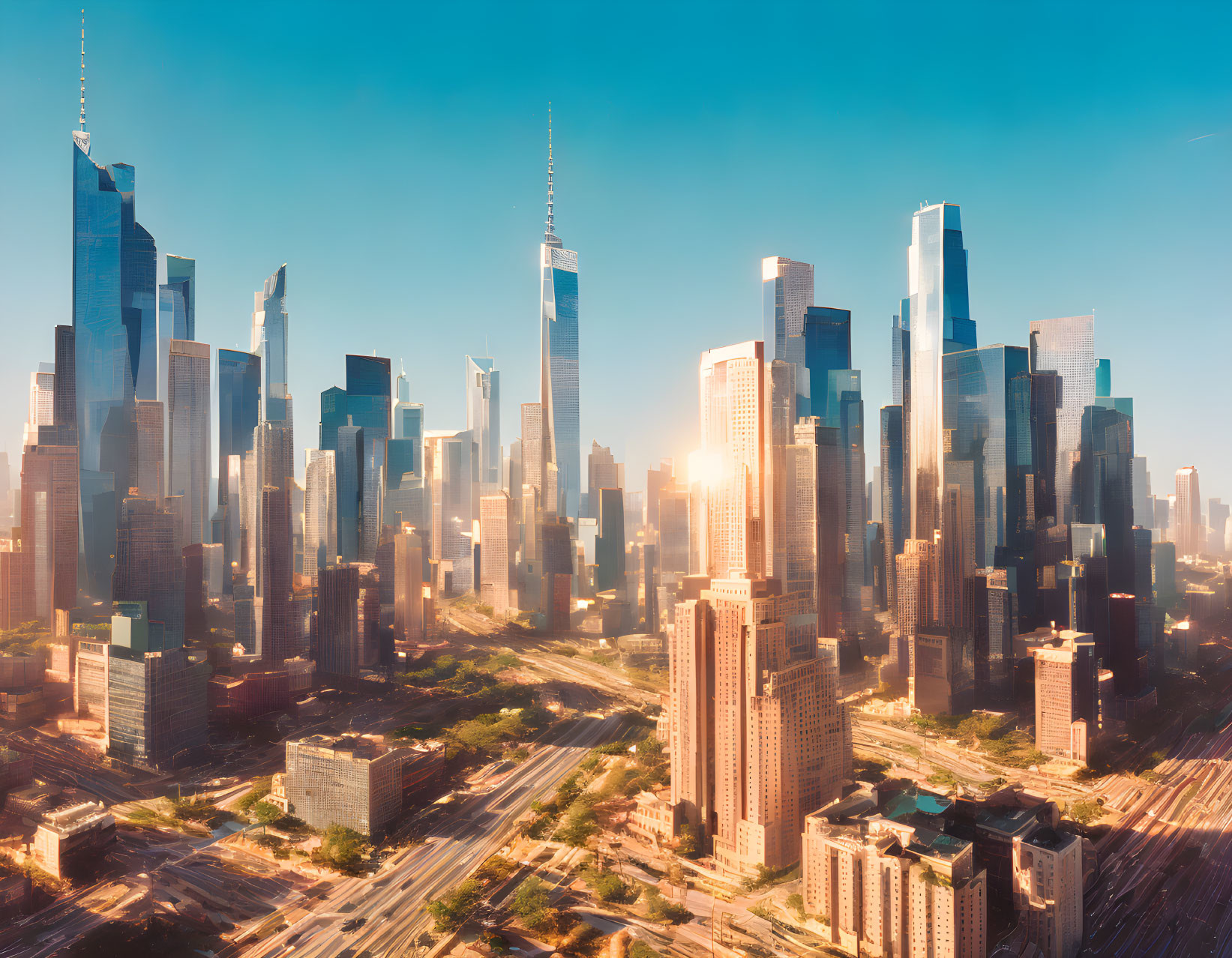 Sunlit skyline of bustling metropolis with skyscrapers and urban development.