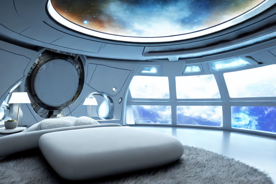 Minimalist Futuristic Bedroom with Panoramic Space View