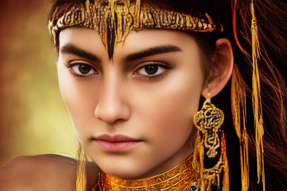 Close-up Portrait of Woman with Striking Eyes and Ornate Gold Jewelry