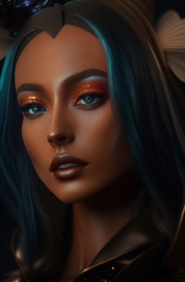 Woman with Blue Hair and Orange Eye Makeup in Mystical Portrait