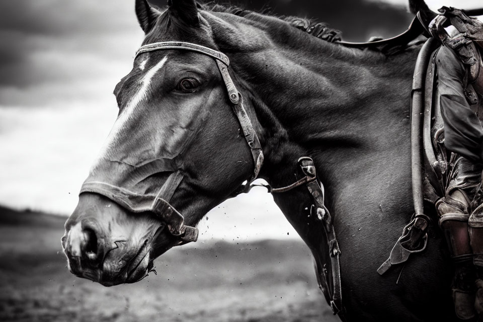 Monochrome close-up of horse's eye and bridle with rider in shot