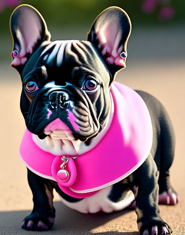 Stylized bulldog with large ears and eyes wearing pink collar