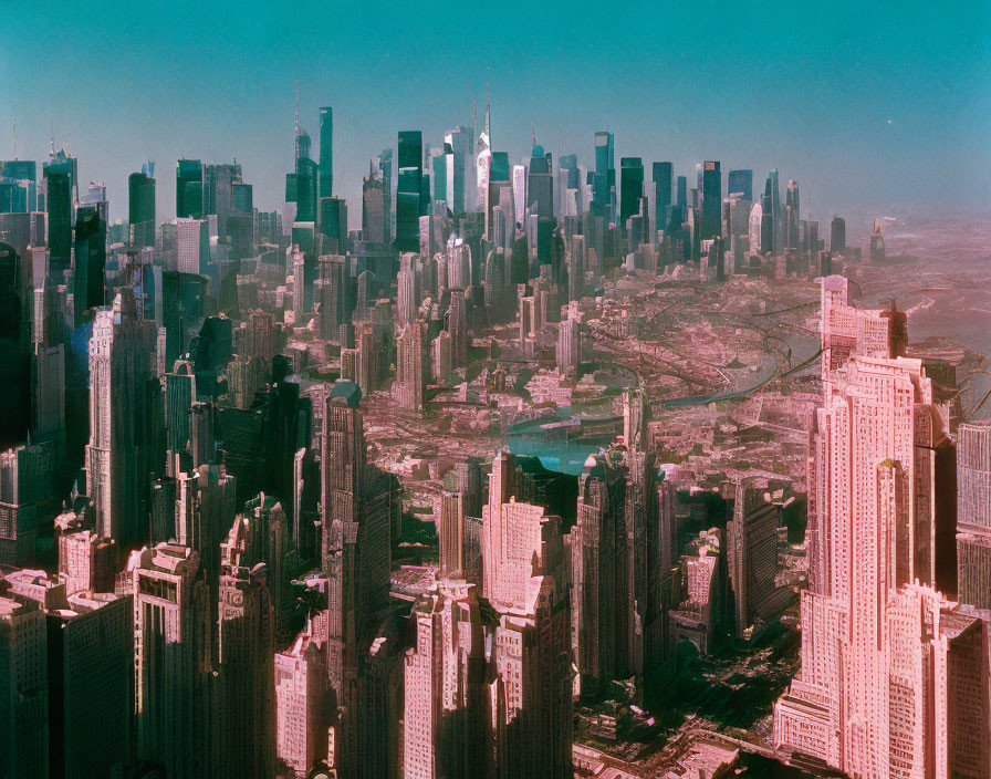 Dense City Skyline with Numerous Skyscrapers Under Blue Sky