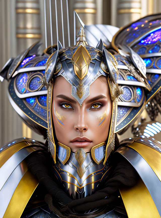 Futuristic armored person with blue and gold designs and intense gaze