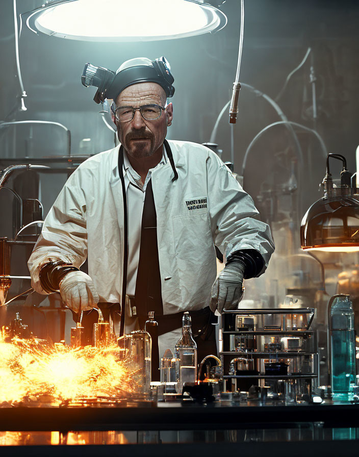 Scientist in lab coat observes fiery chemical reaction in laboratory