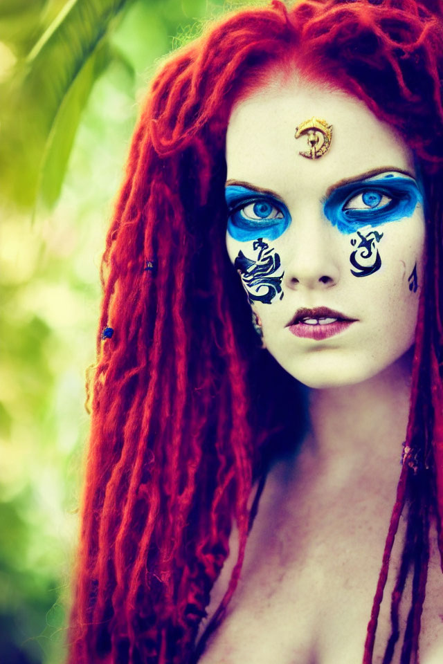 Woman with Vibrant Red Dreadlocks and Blue Face Paint Swirls