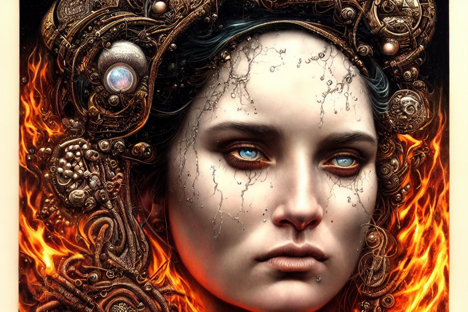 Fantasy portrait of woman with ornate headgear, orange hair, blue eyes, and face designs