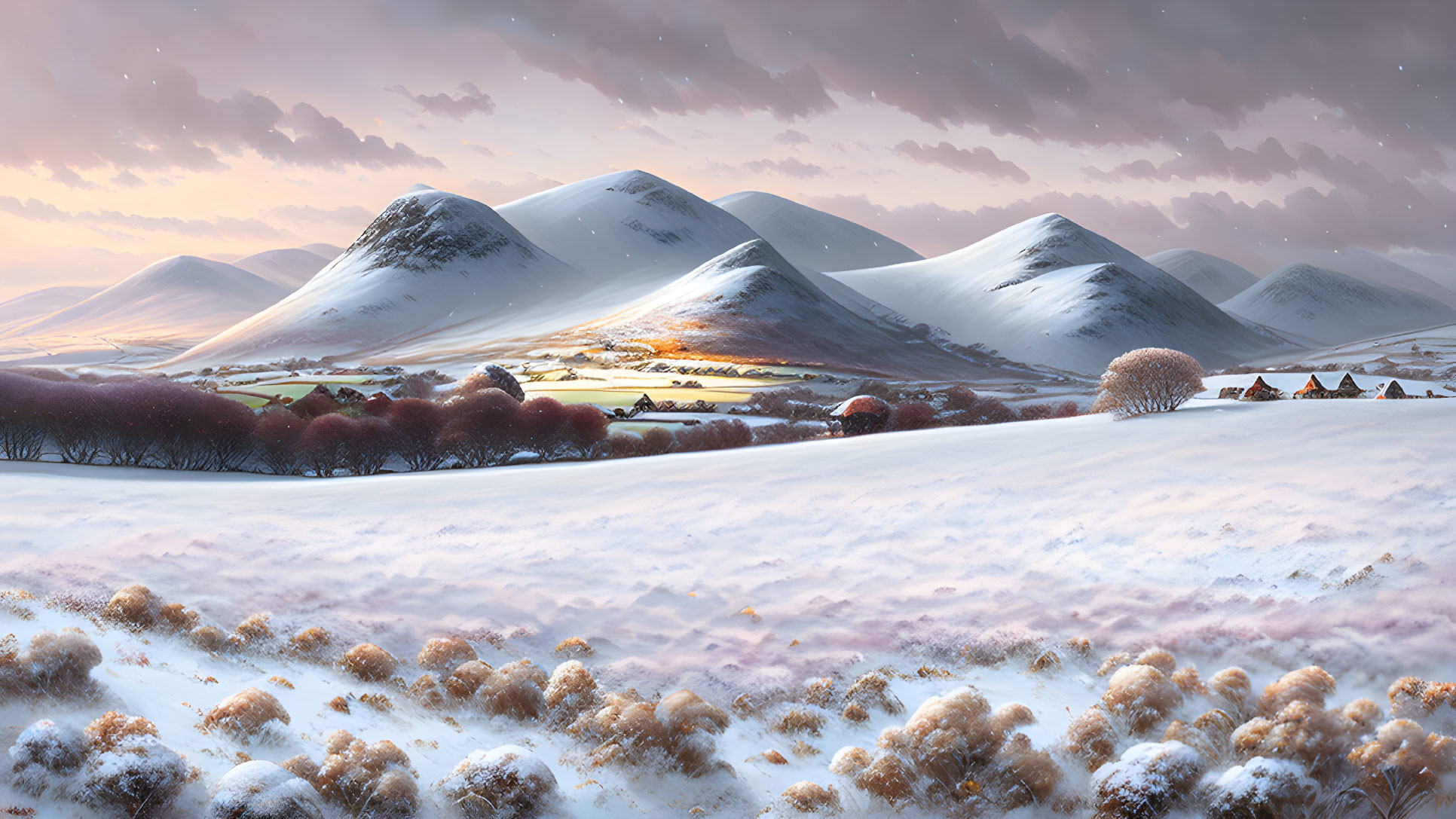 Snowy Landscape with Autumn Trees and Pink Sky at Dawn or Dusk