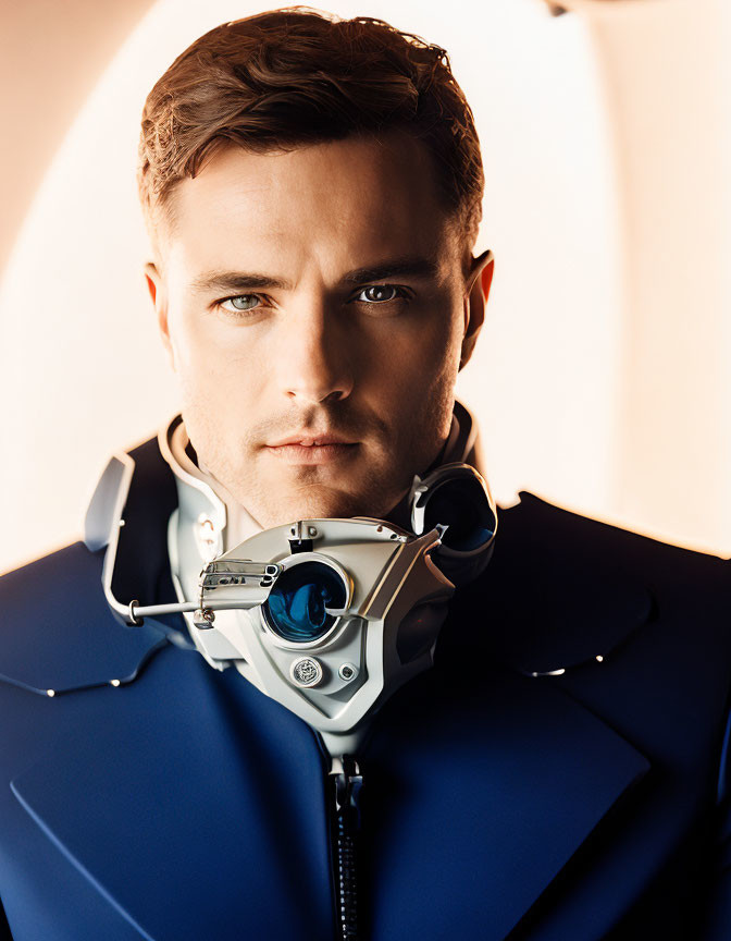 Futuristic man in high-tech suit with blue lens collar and mechanical parts